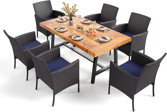 PHI VILLA Outdoor Dining Set for 6, Wicker Chairs & Acacia Wood Table | 1 Acacia Wood Table & 6 Cushioned Rattan Chairs, Outdoor Dining Furniture Set for Deck, Yard or Indoor
