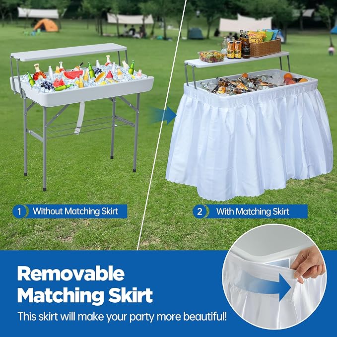 Real Relax Two-Tier Portable Cooler Table, Fill and Chill Desk for Food Drink Beverage, Foldable Party Ice Table for Camping BBQ Outdoor White