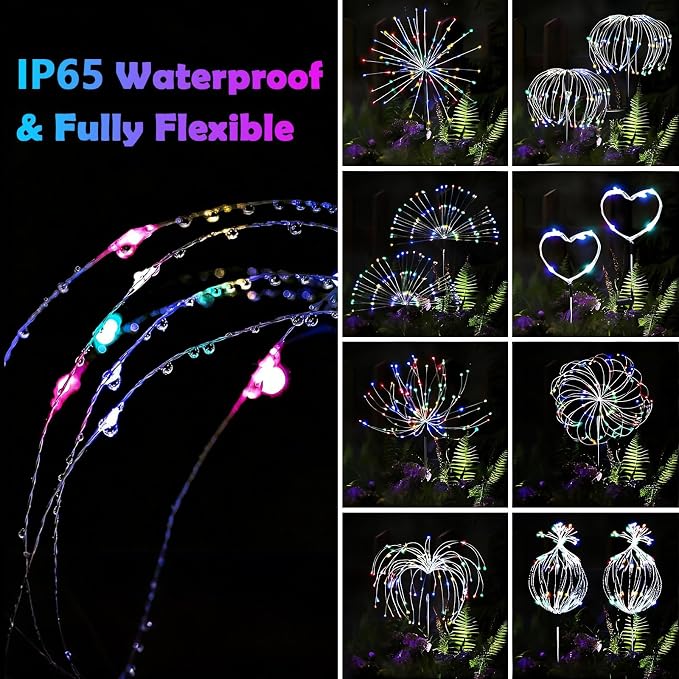 Solar Firework Lights Outdoor, Adjustable 32" to 51" Extra Tall, 200 LED Stainless Steel 3-Section Pole, 8 Modes Waterproof Starburst Garden Lights for Yard Pathway Walkway Decor(Color 4 Pack)