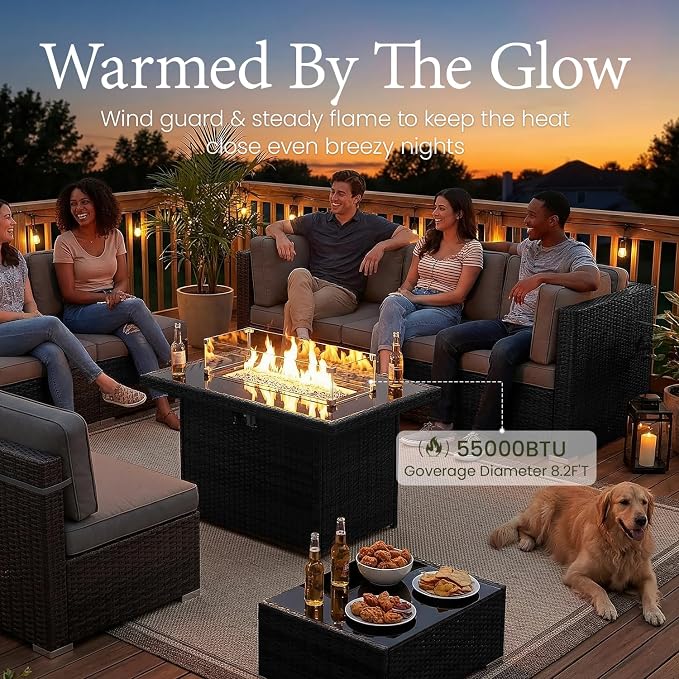 LayinSun 8 Piece Patio Furniture Set with 44" Propane Gas Fire Pit Table, Outdoor Sectional Conversation Set Wicker Rattan Sofa Set with Coffee Table