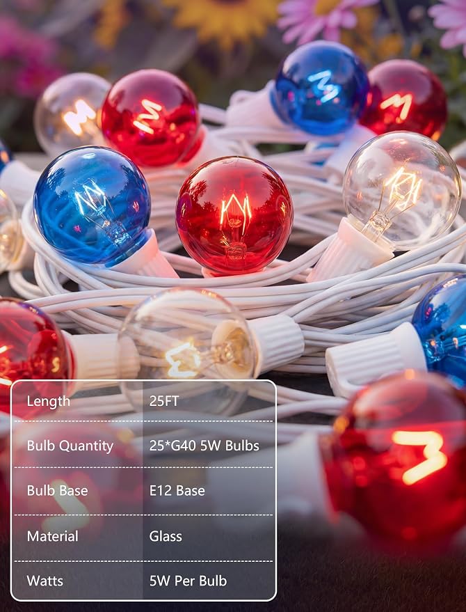 SUNSGNE 4th of July Decorations Outdoor Connectable String Lights with Waterproof Red White and Blue G40 Bulbs, 25 Feet for Garden Patio Patriotic Independence Day Theme Holiday Decor