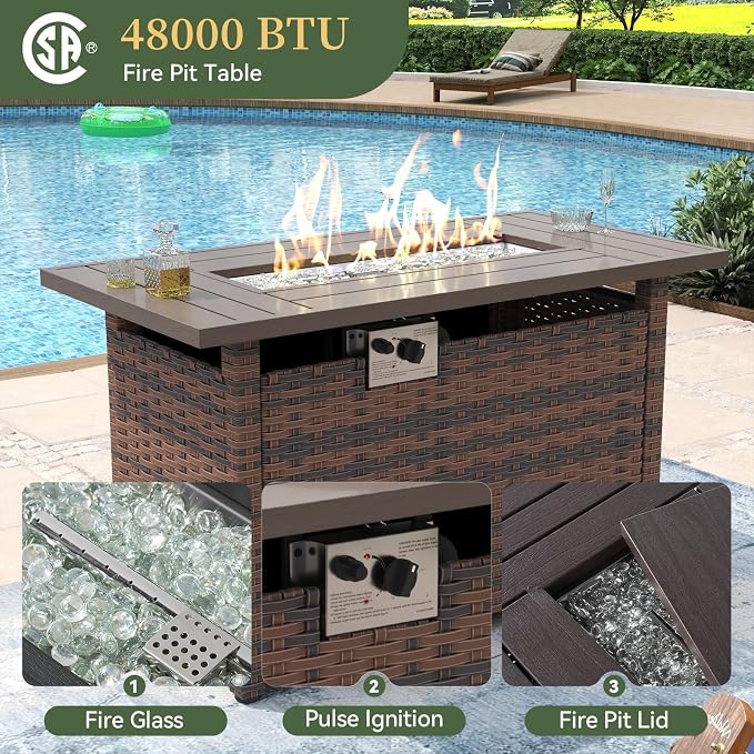 Aoxun 8 Piece Patio Furniture Set with 44” Fire Pit Table Wicker Rattan Outdoor Sectional Sofa Set with Coffee Table and Thickened Cushions, Gray