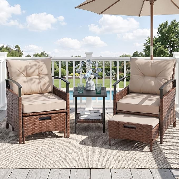 AVAWING 5 Pieces Patio Furniture Set, Outdoor Rattan Chairs with Metal Coffee Table, Ottomans & Soft Cushions, Wicker Conversation Bistro Set for Garden, Deck, Balcony, Poolside(Beige)