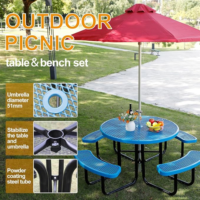 46In Round Outdoor Picnic Table – Heavy-Duty Commercial Steel Table with Thermoplastic Coating, Weatherproof & Rust-Resistant, Perfect for Parks, Patios, Schools & Campgrounds (Blue)