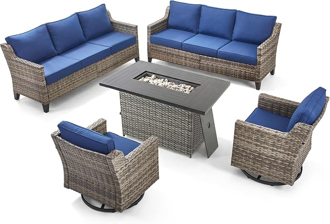 5 Pieces Patio Furniture Set with 42.5" Fire Pit Table-All Weather Wicker Outdoor Furniture with High Back Wicker Patio Chairs Set of 2 Outdoor Couch for Deck Backyard Gray/Blue