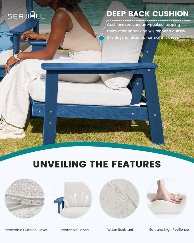 SERWALL Patio Furniture Set with 33” Fire Pit Table, HDPE Outdoor Sectional Sofa Set with Thickened Cushions, Blue Frame with Khaki Cushions