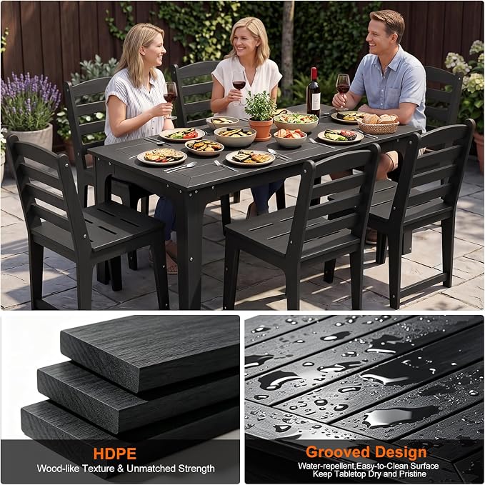 HDPE Outdoor Dining Table & Chairs Set for 6 Person, Black(7-Piece) | Weather-Resistant Patio Furniture Set with Metal Support Bars and Umbrella Hole Cut-Out for Poolside Garden Backyard Deck