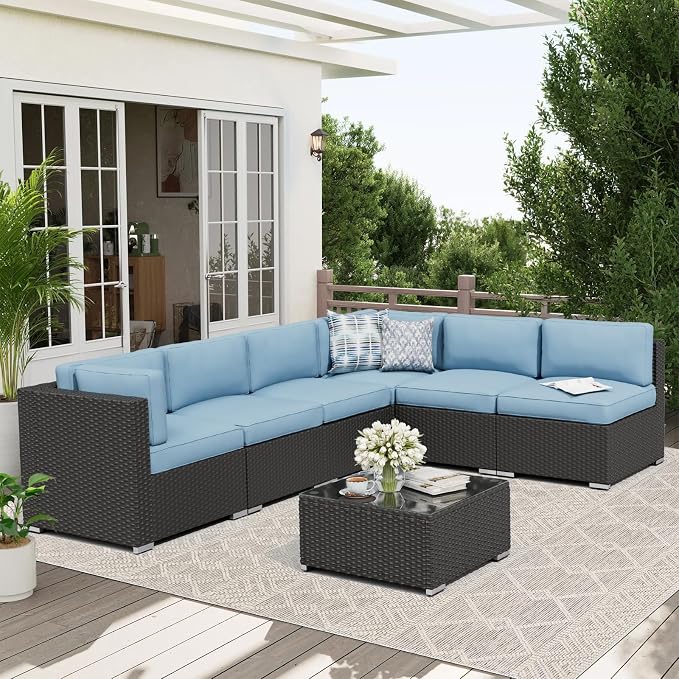 Oakcloud 7-Piece Outdoor Patio Furniture Black Rattan Wicker Sectional Sofa Conversation Set with Glass Top Table and Cushions (Haze Blue)