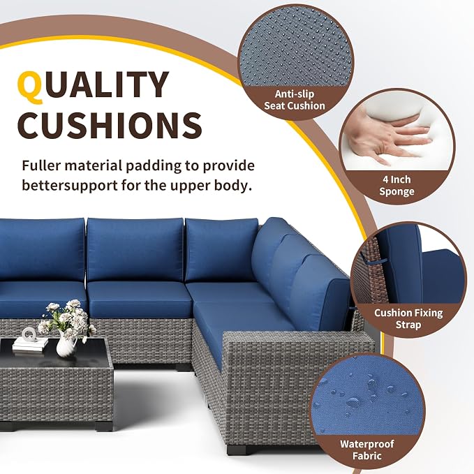 Outdoor Patio Furniture Set, 8‘’ Wide armrest Outdoor Sectional Rattan Sofa Set, Wicker Patio Furniture Sets w/Coffee Table,Thick Cushions for and Cover for Porch,Deck,8 PCS (Grey&Navy)