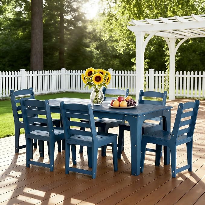 HDPE Outdoor Dining Table & Chairs Set for 6 Person, Blue(7-Piece) | Weather-Resistant Patio Furniture Set with Metal Support Bars and Umbrella Hole Cut-Out for Poolside Garden Backyard Deck