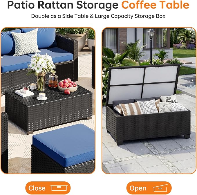LazySunsets 6-Piece Outdoor Patio Furniture Set, Rattan Outdoor Sectional with Thick Waterproof Cushions, Wicker Ottomans & Waterproof Cover, Patio Conversation Set for Garden, Backyard, Navy Blue