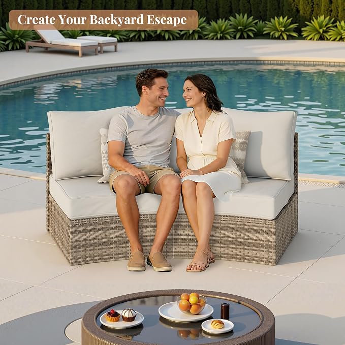 Jocisland 3-Piece All-Weather Wicker Conversation Set, Half-Moon Outdoor Sectional Sofa with Removable Cushions, Rattan Patio Furniture Set for Backyard, Garden & Deck, Beige