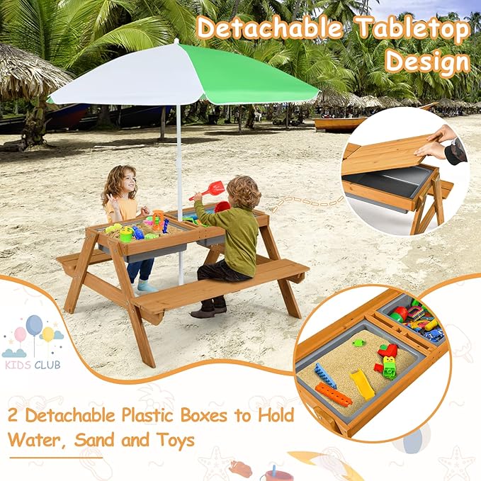 KOTEK Kids Picnic Table, 4 in 1 Sand and Water Table w/Detachable Tabletop, 2 Removable Play Boxes, Foldable & Height Adjustable Umbrella, Wood Sensory Table and Bench for Outdoors, Indoors (Natural)