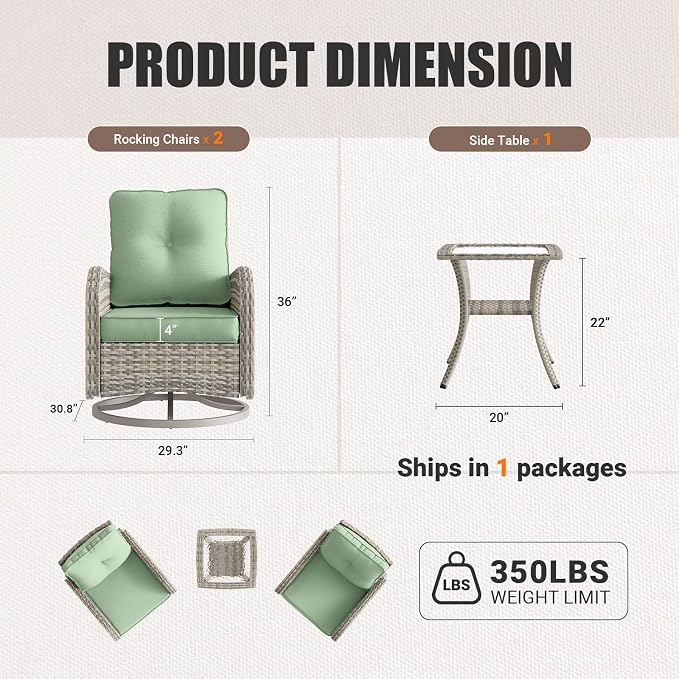 Patio Rocking Swivel Chair Outdoor Wicker Rattan Bistro Set with Tempered Glass Side Table, Outdoor Patio Furniture Set for Garden, Deck, and Balcony, Light Green