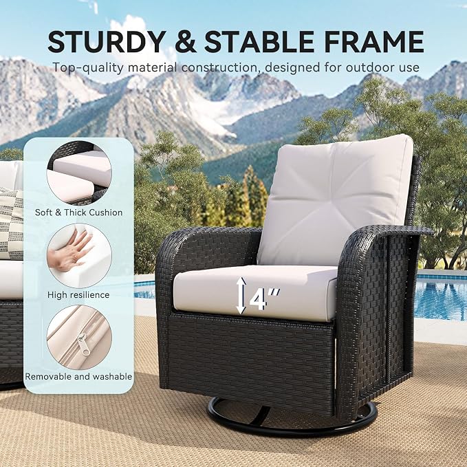 LazySunsets 3 Piece Outdoor Patio Furniture Set, Wicker Rattan Outdoor Furniture with High Back Swivel Rocker Chairs, Outdoor Sofa Set with Thick Cushions & Side Table, Beige