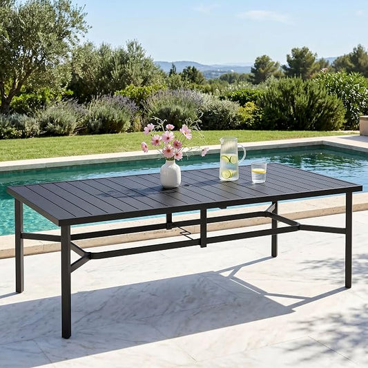 SUNSHINE VALLEY 83" Patio Table for 8,Large Rectangle Patio Dining Table with Umbrella Hole,E-Coating and Powder Coating Steel Frame Metal Outdoor Patio Table for Garden Backyard Lawn Yard