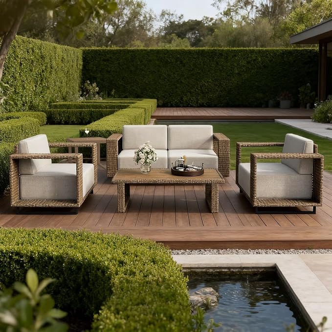 6 Pieces Outdoor Patio Furniture Set PE Rattan Weaving Sofa with 10 inch Thick Cushions and Steel Frame and Wooden Board Outdoor Conversation Set Beige Cushions for Porch Deck
