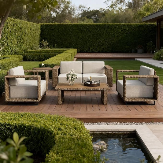 6 Pieces Outdoor Patio Furniture Set PE Rattan Weaving Sofa with 10 inch Thick Cushions and Steel Frame and Wooden Board Outdoor Conversation Set Beige Cushions for Porch Deck