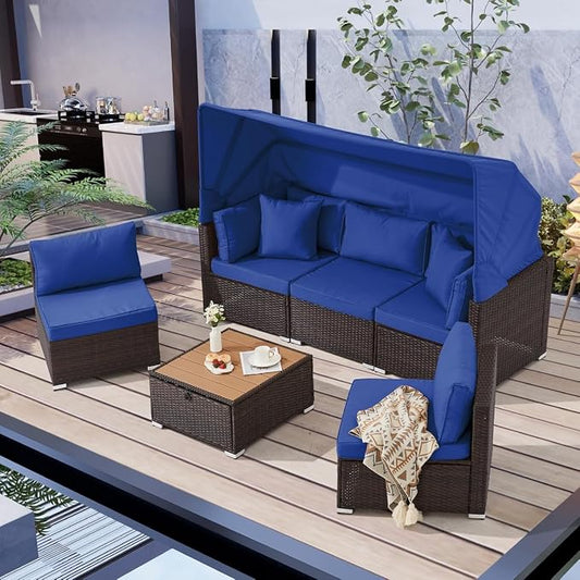 6-Piece Outdoor Sectional Sofa Set with Retractable Canopy and Adjustable Backrest, Patio Conversation Set Rattan Garden Lounge Furniture for Backyard, Deck, Porch, or Balcony Seating(Blue)