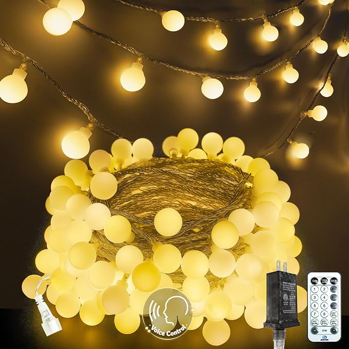 Connectable String Lights Indoor 100LED Smart Voice Controlled Fairy Lights | 43FT Warm White Globe Light Plug in, 12 Modes, Timer & Remote, IP44 Waterproof, for Bedroom Classroom Christmas Room Decor