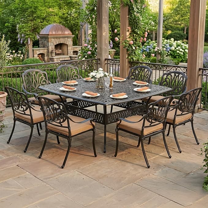 VIVIJASON 9-Piece Outdoor Furniture Dining Set for 8, All-Weather Cast Aluminum Patio Table and Chairs Set with 8 Cushioned Chairs, 64" Large Square Dining Table and Umbrella Hole for Deck Lawn, Khaki