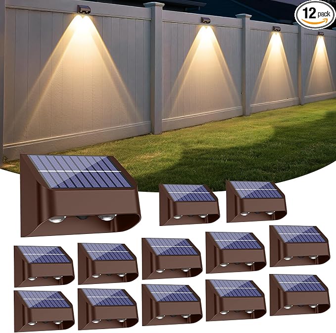 Brighter Solar Fence Lights-3000/4000/6000K 3 Mode,Solar Lights Outdoor Waterproof,Dusk to Dawn Deck Light, Outdoor Lighting for Backyard/Railing/Wall/Step/Patio(12 Pack,Brown)