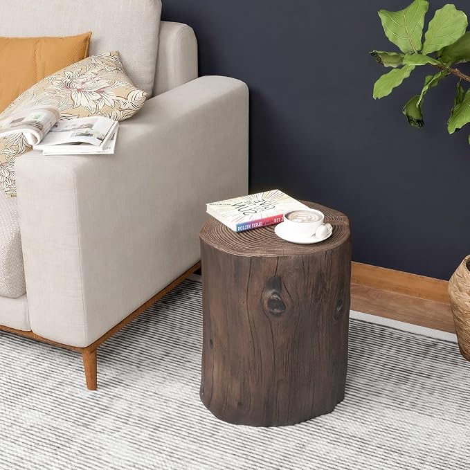 HOMPUS Concrete Outdoor Side Table,Tree Stump Modern Round Accent Table,Plant Stand Faux Wood End Garden Stool for Patio,Home Decor, Living Room(Walnut)