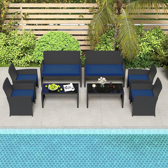 HAPPYGRILL 4 Piece Rattan Wicker Patio Conversation Set, Outdoor Furniture with Chair Loveseat Table & Cushion, for Backyard Porch Balcony (2, Black & Navy)