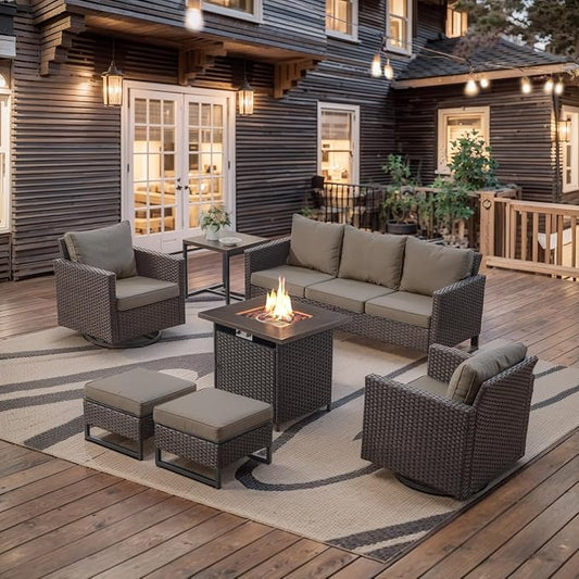 Belord 7 Pieces Patio Furniture Set with Fire Pit Table: Wicker Patio Conversation Set with Outdoor Swivel Glider Rocker Patio Couch Metal Side Table, All Weather Brown Rattan