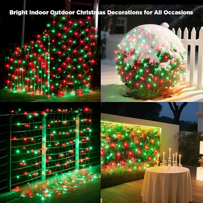 Led Net Lights Christmas Lights Outdoor 200Led 9ftx6ft Upgraded Red and Green Christmas Net Lighting, Waterproof 5mm LED Wide Angle Outdoor Indoor Mesh Net Light for Trees, Bushes, Shrubs Decorations