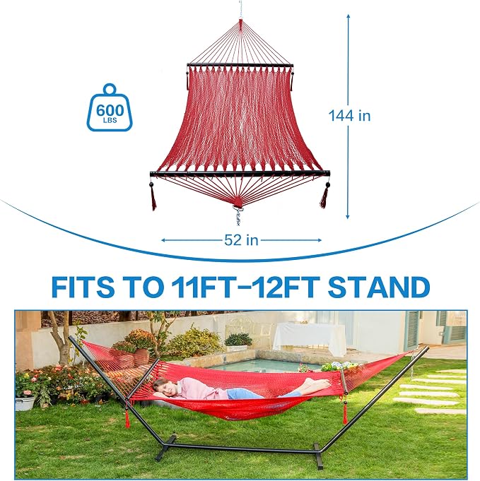 PNAEUT Double Rope Hammocks for Outside, Handwoven Double Caribbean Hammock with Spreader Bar for Outdoor Indoor, Max 600 lbs Capacity (Ruby)