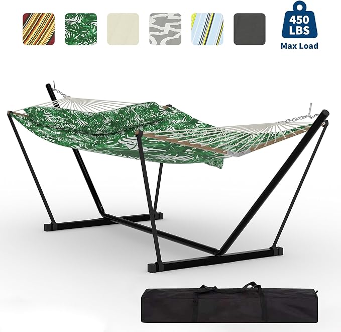 12FT Hammock with Stand for Outside,Heavy Duty Hammock Stand and Cotton Polyester Fabric,450lbs Capacity,Carrying Bag,2 Person Hammocks for Patio,Garden,Backyard,Camping, or Beach,Green