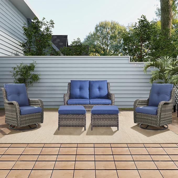 Rilyson Wicker Patio Furniture Set - 5 Piece Rattan Outdoor Sectional Conversation Sets with 2 Rocking Swivel Chairs,2 Ottomans and 1 Loveseat for Porch Deck Garden(Mixed Grey/Blue)