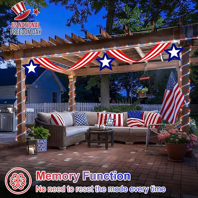 QITONG Red White Blue Solar Rope Lights, 66ft 200 LED 4th of July String Lights, 8 Modes Fairy Lights in Clear Thin Tube for Patriotic Independence Memorial Day Decor