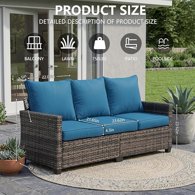 LAUSAINT HOME 3 Pieces Outdoor Patio Furniture, Outdoor Sectional Sofa Patio Furniture Sets Wicker Rattan Patio Conversation Sets with Cushion and Glass Table (Peacock Blue)