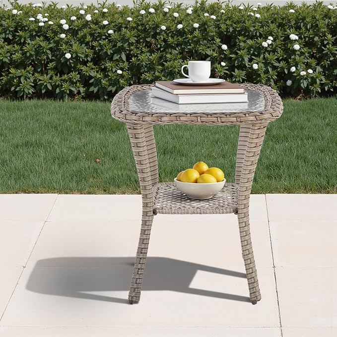 Patio Tables Wicker Side Table, Outdoor End Table with Storage Shelf, Patio Furniture Side Table for Sofa, Swivel Chairs, Garden, Balcony - Light Grey