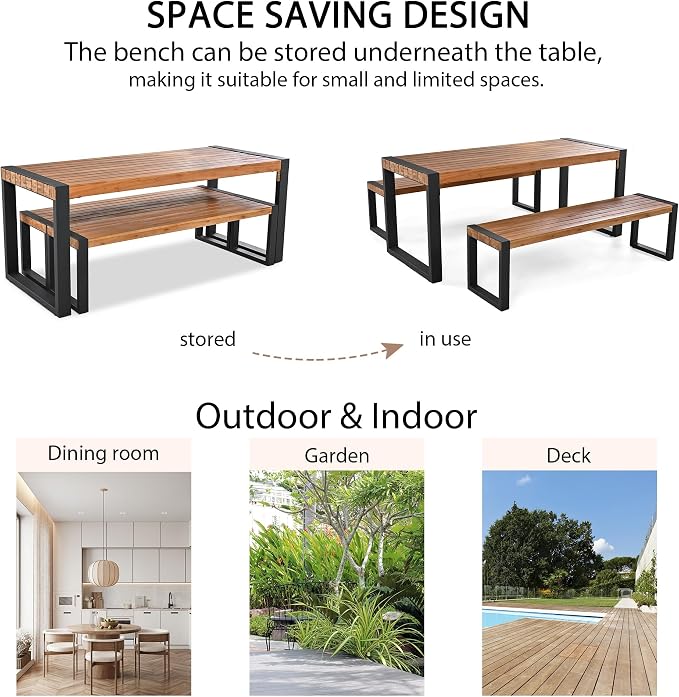 Acacia Wood Patio Dining Set, 3 Piece Outdoor Dining Set with Benches, Wood