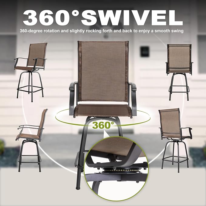 NUU GARDEN Outdoor Bar Set 3 Piece, Patio Square Tempered Glass Table with Textilene Swivel Bar Stools High Backrest, Outdoor Furniture for Garden Backyard, Brown Black