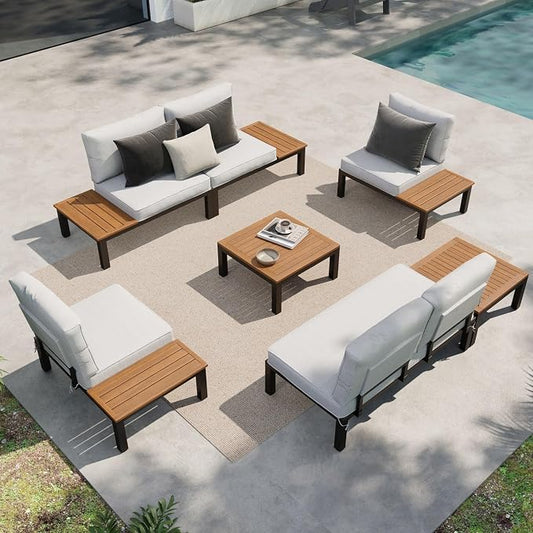 Sophia & William 7 Piece Metal Outdoor Sectional Sofa with Cushion, Patio Furniture Set with 4 x Single Sofa with Side Table, 2 x Coffee Table, Modern L-Shape Outdoor Couch for Deck Garden Backyard