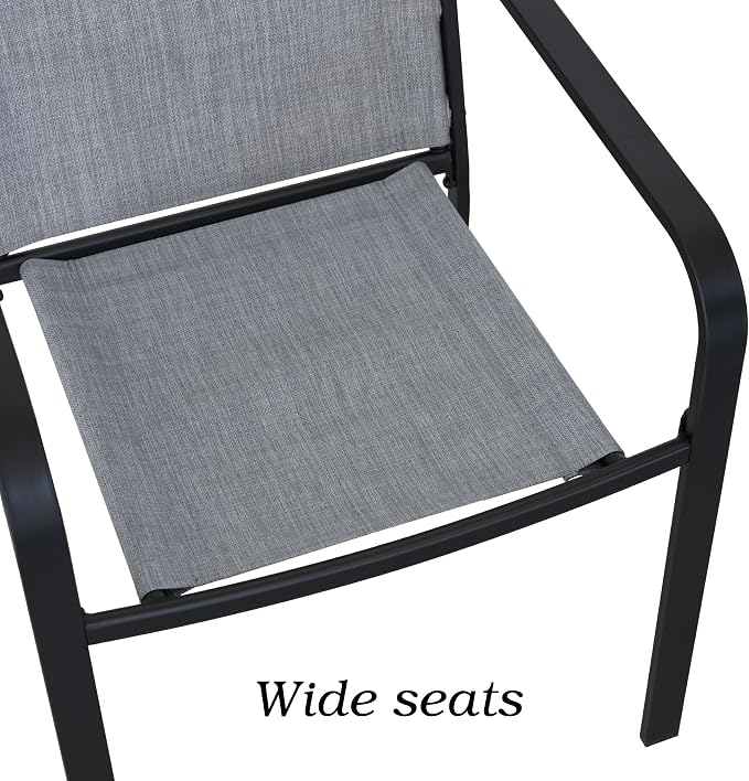 5 Piece Outdoor Patio 40" Round Glass Table and Grey Stackable Chairs Set | 4 Piece Stackable Chairs Textilene Seat and Back, Table and Chair with Metal Frame, Round Glass Table Top, 1.7" Umbrella Hole