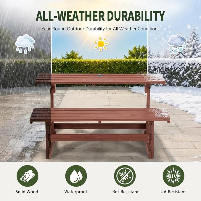 Outdoor Picnic Table 55×29×37"2 in 1 Convertible Wood Bench,UV Protection and Cool Shade Lifetime Camp Stand with Built-In Umbrella Hole,Adjustable Backrest Convert a Patio Dining Set into a Long Seat