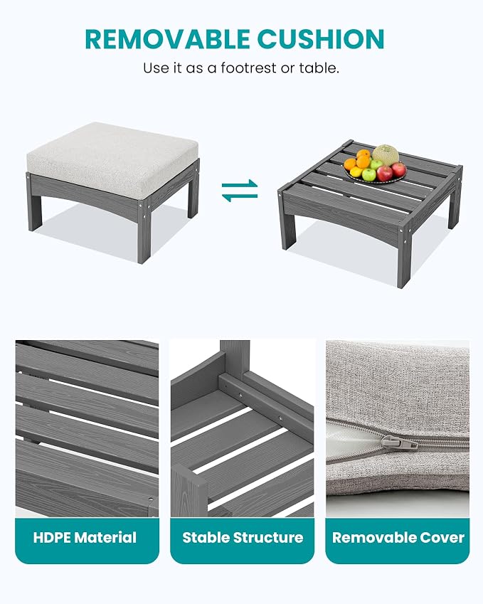 SERWALL 7-Piece Patio Sofa Set, Outdoor Furniture Set, All-Weather HDPE Outdoor Sectional Conversation Set Cushions and Coffee Table, Large Modular Sofas for Garden, Grey Frame with Khaki Cushion