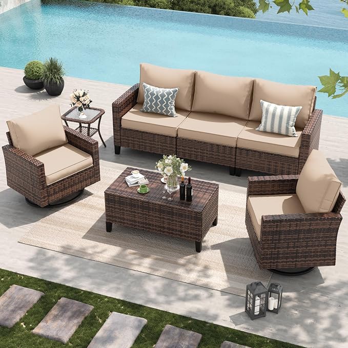 Amopatio Patio Furniture Set, Wicker Outdoor Sectional Sofa with Swivel Rocker Chairs, All-Weather Rattan Conversation Set, Storage Coffee Table, Waterproof Cover for Backyard, Deck Brown/Khak 5 PCS