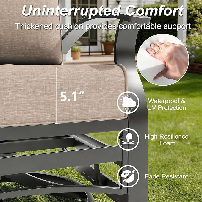 Gotland 6 Piece Patio Set, Aluminum Outdoor Swivel Chairs Set with Round Table 5.1’’ High-Resilience Seat Cushions 29.5" Deep Seating, Metal Patio Furniture Set Patio Conversation Sets, Khaki