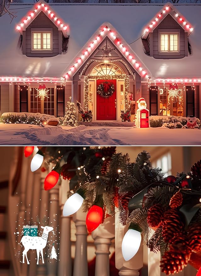 C9 Christmas Lights Outdoor, 100Ft 50 LED Red & Pure White String Lights | Waterproof Shatterproof Connectable Christmas Tree Lights for House Outside Roofline Patio Yard Home Xmas Decorations
