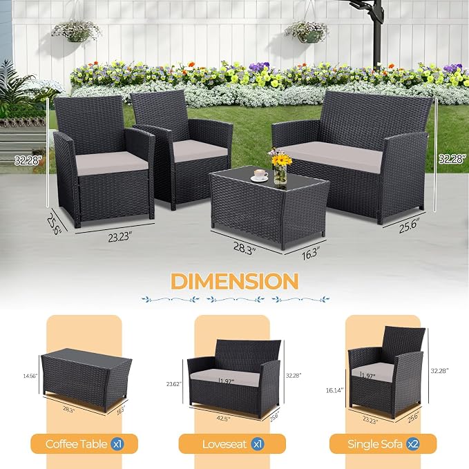 FHFO 4 Piece Outdoor Wicker Patio Furniture Set, Black/Light Grey | Sectional Sofa | All-Weather Hand-Woven Rattan | Tempered Glass Coffee Table | Durable Fabric | Indoor & Outdoor Use