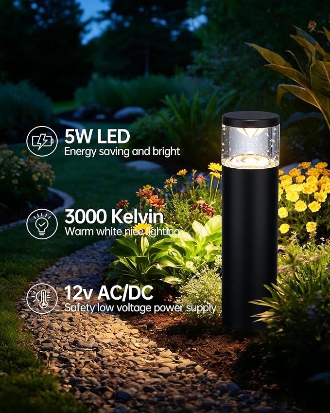 LITFIT Low Voltage Bollard Landscape Lights, 12V Aluminum Path Light, 2Pack | 5W 3000K Warm White Electric Outdoor Garden Light with Connectors, 50000H Waterproof Wired LED Lawn Walkway Light, ETL Listed