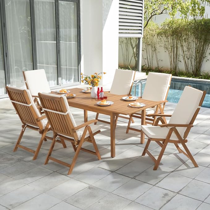 OC Orange-Casual 7 Piece Patio Dining Set, Outdoor Acacia Wood Furniture Set w/Extendable Rectangular Table and 6 Foldable Reclining Chair, Solid Wood, for Deck Garden Backyard, Beige