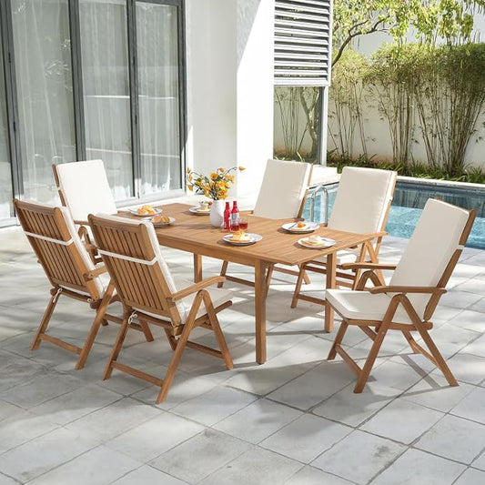 OC Orange-Casual 7 Piece Patio Dining Set, Outdoor Acacia Wood Furniture Set w/Extendable Rectangular Table and 6 Foldable Reclining Chair, Solid Wood, for Deck Garden Backyard, Beige