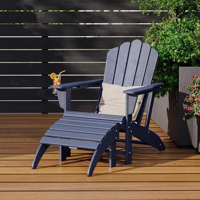 Costaelm Lakeview 2-Piece Outdoor Patio HDPE Adirondack Chair with Ottoman and Cup Holder Set, Navy Blue